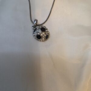 Soccer Ball Black & Rhinestone Silver Chain Necklace Jewelry Futball 16", 3" EXT